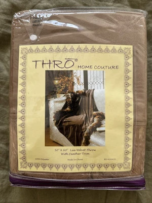 NEW THRO Home Couture GOLD Velvet Feather Trim 50 x 60 Bedding Home Decor THROW - Image 1 of 4
