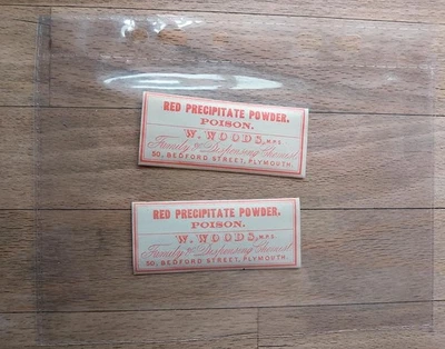 2 x Red Precipitate Powder Poison medicine chemist labels c 1920, Woods Plymouth - Image 1 of 2