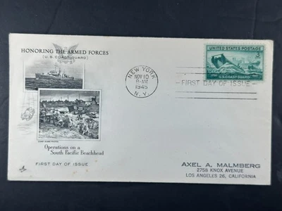 US FDC 1945 Guardia Costera 3c • Fuerzas Armadas • South Pacific Beachhead Artcraft b74 Foto 1 de 2