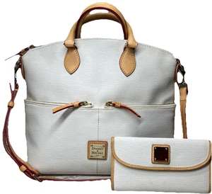 Vintage Dooney & Bourke Dillen Doppeltasche cremefarbenes genarbtes Leder Umhängetasche mit Geldbörse - Bild 1 von 23