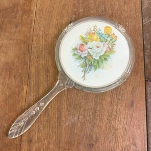 Vintage MCM Mid Century Clear Lucite Handheld Vanity Mirror Flower Design - Picture 1 of 7