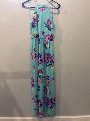 EVERLY Womens High Neck Maxi Dress Size S - Teal With Flowers Print - Image 1 of 4