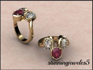 1.55CT Oval Cut Real Red Ruby Women's 3-Stone Wedding Ring 14K Yellow Gold Over - Picture 1 of 7