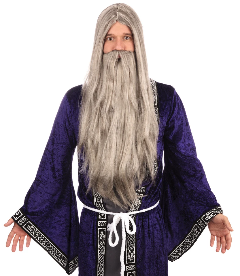 Gray White Christmas Monk Yoga Wizard Gandalf Dumbledore Long Wig Beard Costume - Image 1 of 1