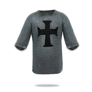 Solid Iron Medieval Chain Mail Shirt Armor with Templar Cross, One Size, Silver - Picture 1 of 2