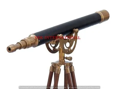 Floor Standing Antique Brass W/Leather Anchormaster Telescope Wood Tripod Stand • 516.14$