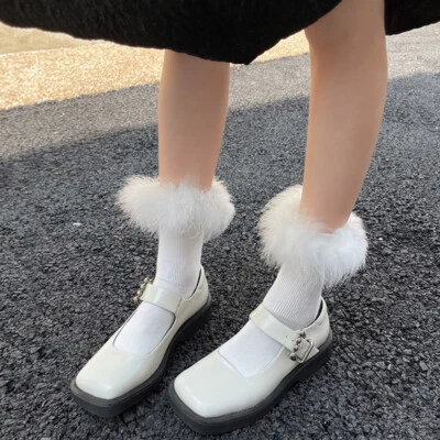 1 Pair Women Faux Fur Trim Socks Mid Calf Length Comfort Socks Dancewear Party - Image 1 of 4