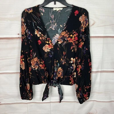 Lovestitch Top Women S Black Floral Blouse V-Neck Tie Waist Balloon Sleeve Woven - Image 1 of 4
