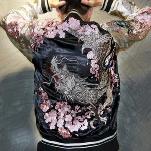Mens Souvenir Jacket Japanese Embroidered Pattern REVERSIBLE Dragon Sakura Coats - Picture 1 of 13