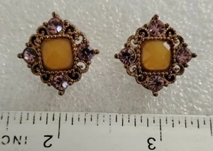 Vintage Brass Tone Clip On Earrings / Square Faceted Yellow Stone Center / Pink - Picture 1 of 4