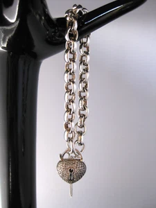Vintage Sterling Silver 925 Heart Padlock Bracelet Bangle (22 g / 20 cm) - Picture 1 of 13