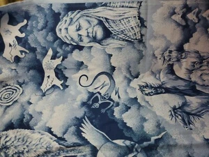 Vntg Fabric Springs Blue Tribal Native American Spirt Horses Chief 21x45" Cotton - Picture 1 of 5