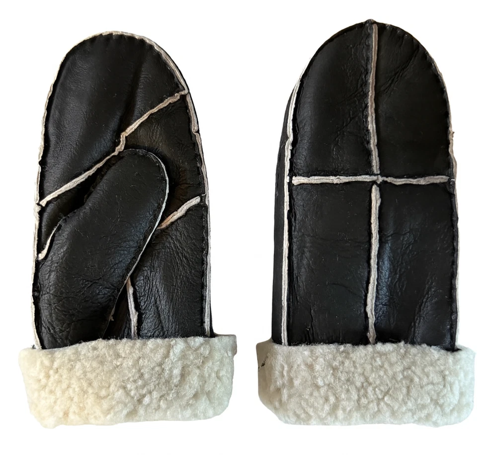 Guantes de piel de oveja genuina negros cálidos de piel de oveja para mujer con piel blanca Foto 1 de 2