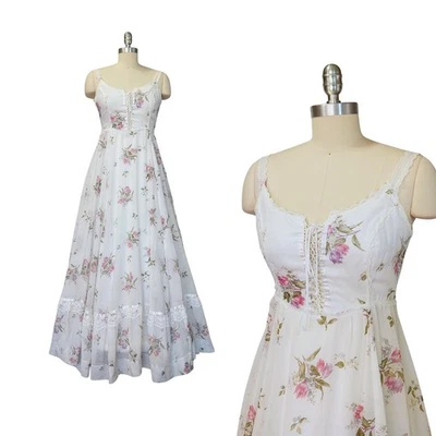 Maxi Vestido Vintage Años 70 Gunne Sax Pradera Floral Corsé Talla 7 S Hada Boda Foto 1 de 4