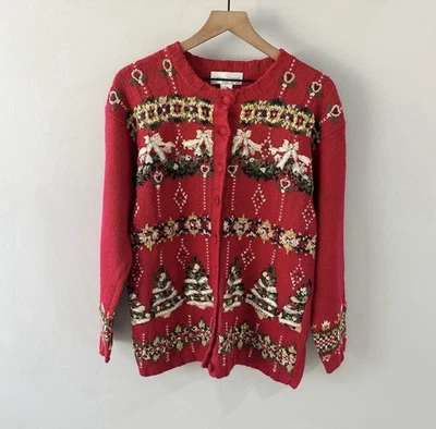 Casual Corner Vintage Women’s Ugly Christmas Holiday Cardigan Red Size Medium - Image 1 of 4