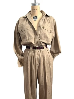 Vtg Liz Claiborne 90s Khaki 1pc Jumpsuit w Pockets Collar Button Down Sz Medium - Image 1 of 4