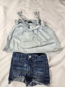 7 for All Mankind Girls 2T Chambray Ruffle Top & Dark Denim Jean Shorts Outfit - Picture 1 of 9