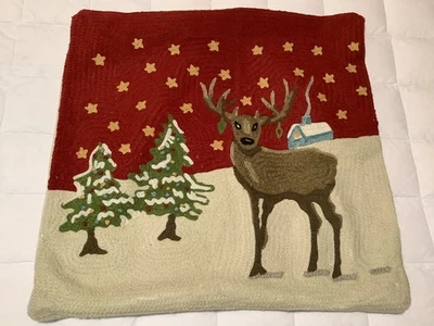 Pottery Barn Christmas Crewel Pillow Cover Reindeer Trees Embroidered 18X18 - Image 1 of 4