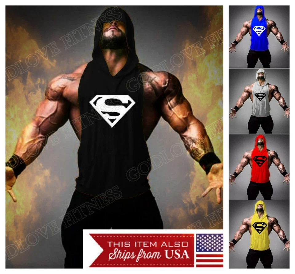 Hoodie Superman Tank Stringer Golds Men Bodybuilding Gym Muscle FAST SHIPPING!!! - Image 1 of 1