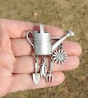 Signed JJ Jonette Watering Can w/Hanging Garden Tools Silver Tone Brooch  Pin