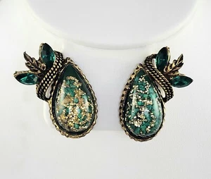 Pendientes con clip de confeti y diamantes de imitación verde y dorado de calidad vintage tono dorado - Imagen 1 de 5
