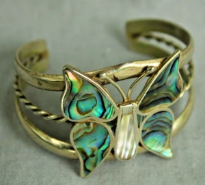 Vintage SIGNED Sterling Silver Mexico Butterfly Abalone MOP Inlay CUFF BRACELET - Picture 1 of 12
