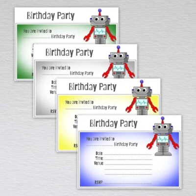 Robot Birthday Party Invitations Cards Boys Girls Kids Pack Invites Envelopes - Image 1 of 4