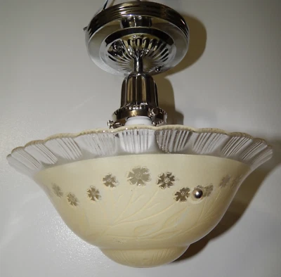 Antique Vintage Cream Glass Art Deco Nickel Flush Mount Ceiling Light Fixture - Image 1 of 4