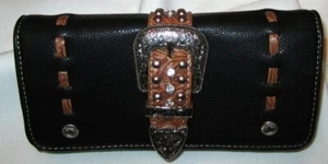 Cartera Vaquera/Hebilla Chequera/Tachonada/Cosida - Cuero Sintético Marrón Oscuro - Imagen 1 de 3