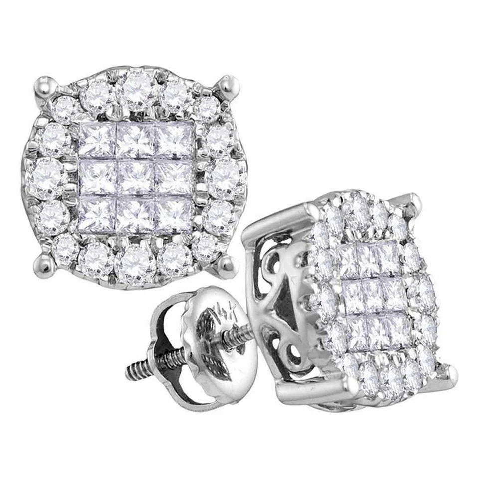 14k White Gold Womens Princess Round Diamond Soleil Cluster Stud Earrings - Image 1 of 1