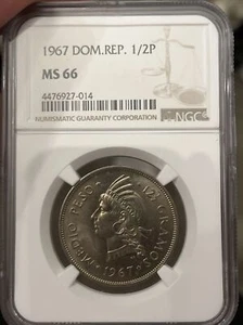 DOMINICAN REPUBLIC  1/2 Peso 1967 - NGC MS66 J2 - Picture 1 of 4