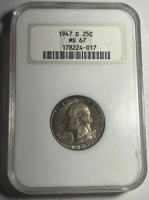 1947-D WASHINGTON SILVER QUARTER GRADED NGC MS67 OLD FATTY HOLDER TONED - Image 1 of 4