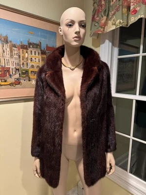 27" Long Hip Length Dark Brown Auburn Red Real Mink Fur Coat Jacket 0/2 XS USA - Image 1 of 4