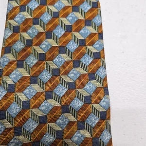 Ermenegildo Zegna Mens Neck Tie Geometric Windowpane Blue Brown Gold 100% Silk - Picture 1 of 3