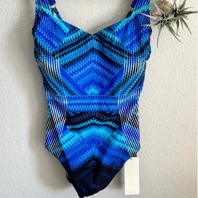 Gottex Venice One Piece Swimsuit Sz10 Blue Geometric Zigzag Retro Glam $185 - Image 1 of 4