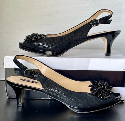 ALEX MARIE TALLA 9.5 HONDA PLATEADA GAMUZA PEEP TOE NEGRO GATITO TACÓN ELEGANTE Foto 1 de 4