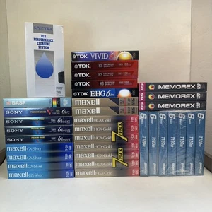 Lot of 33 NEW Blank VCR Tapes T120 Sony TDK Maxell Memorex + Cleaning Tape - Picture 1 of 7