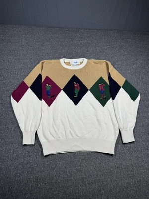 Vintage Pringle Sweater Mens Small Argyle Golfers Knit Pullover White Tan 90s - Image 1 of 4