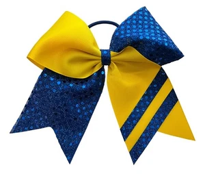 NEW "CONFETTI STRIPES Royal Blue Yellow Gold" Cheer Bow Hair Bows Cheerleading - Picture 1 of 1
