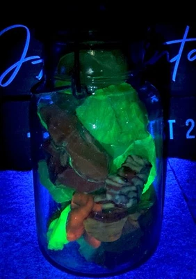 😎3.7 Pounds Of Vivid Fluorescent Akro “Dug”Cullet- Clarksburg, WV Jar Included - Image 1 of 4