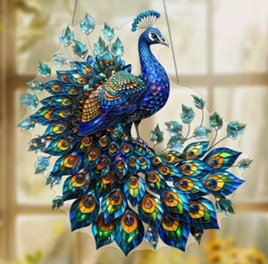 SUNCATCHER-Peacock 8"x8", Bohemian Acrylic Window Hanging Decor - Picture 1 of 4
