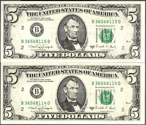 CONSECUTIVE UNITED STATES BANKNOTES 5 P481b 1988 UNC NEW YORK ABRAHAM LINCOLN - Picture 1 of 1