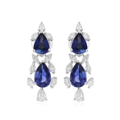 5.90 Tcw Natural SI/H Pear Diamond Blue Sapphire Dangle Earrings 18k White Gold - Image 1 of 4
