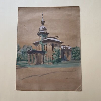 Vintage Gouache Watercolor Painting Architectural Landscape signed Coman 1939 - Image 1 of 4