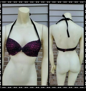 Smart & Sexy Swim Top 36B Pink Black Lace Tie Back Womans Summer - Picture 1 of 6