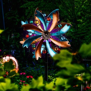 Solar LED Metal Wind Spinner Outdoor Lawn Garden Decor Patio Stake Yard Windmill - Picture 1 of 6