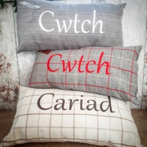 PERSONALISED CHECK CUSHION | Handmade with any Word, Name | Various Wool Fabrics - Picture 1 of 12
