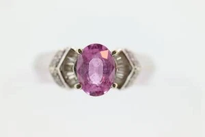 Oval Pink Sapphire Solitaire. 14k white gold with diamond melees st195 - Picture 1 of 10