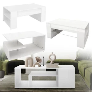 Mesa de centro blanca con balda de vidrio o con barra y estantes mueble a elegir - Imagen 1 de 9