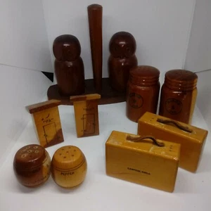 Large Vintage Wood Salt Pepper Shakers Lot Owls Suitcase Outhouses with stoppers - Picture 1 of 8
